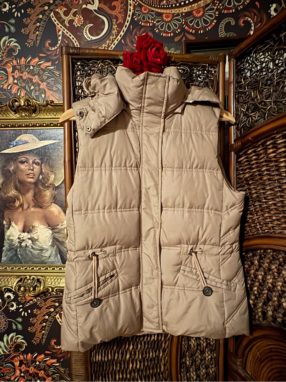 ESPIRT Hooded Puffer Vest Size L Taupe Beige Utility Y2K Drawstring